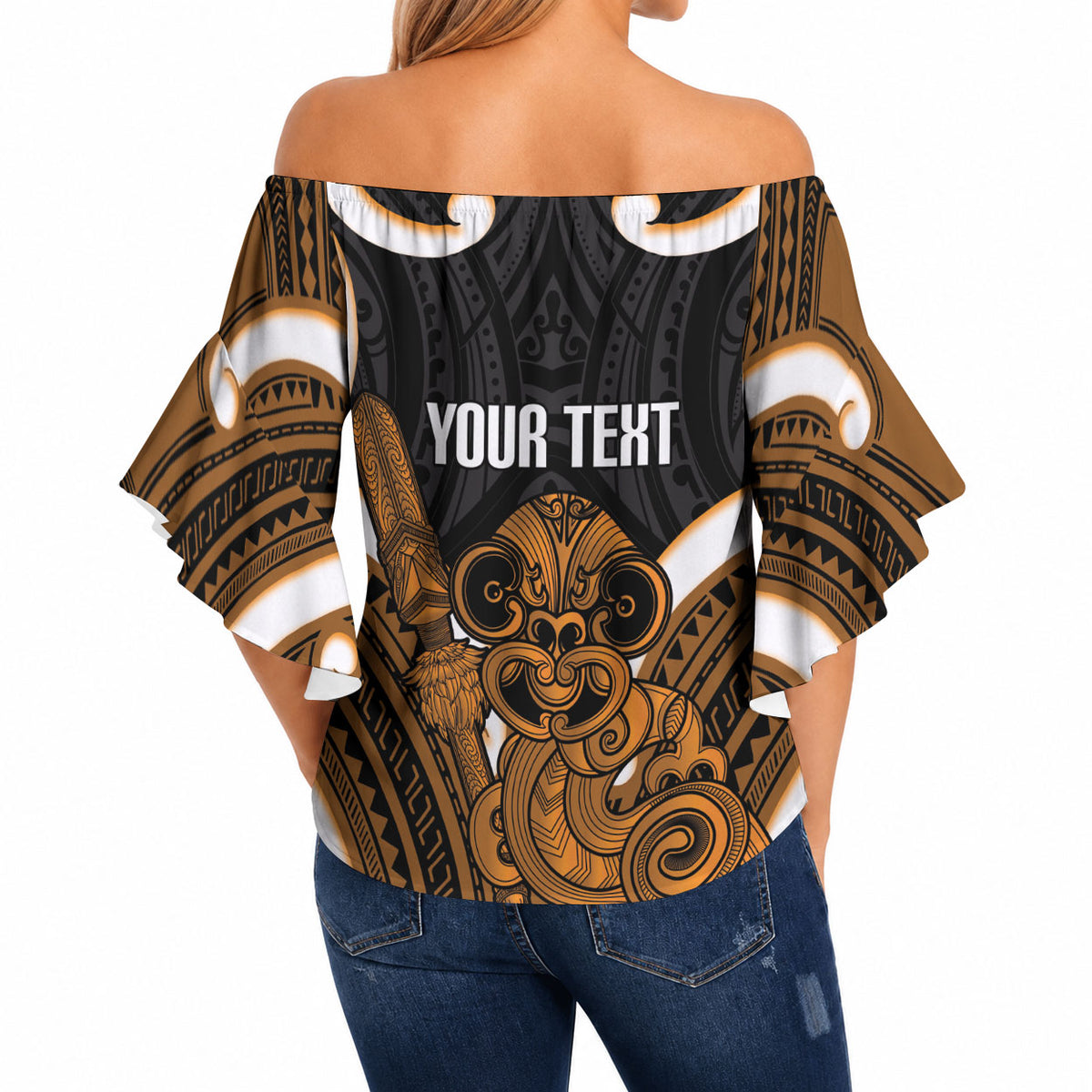 Karaka Aotearoa Atua Tumatauenga Personalised Off Shoulder Wrap Waist Top Maori God Of War Tiki With Taiaha LT14 - Polynesian Pride