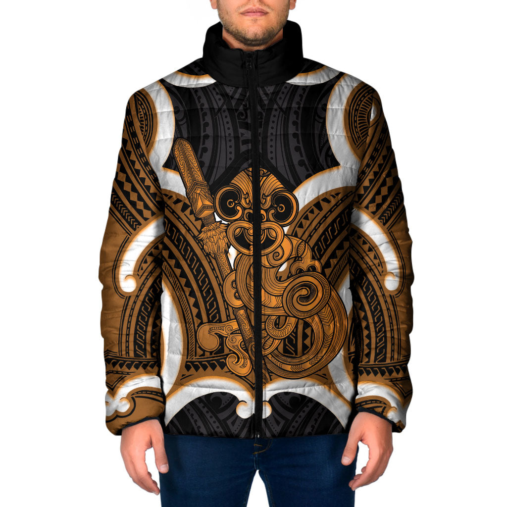 Karaka Aotearoa Atua Tumatauenga Personalised Padded Jacket Maori God Of War Tiki With Taiaha LT14 Men Orange - Polynesian Pride