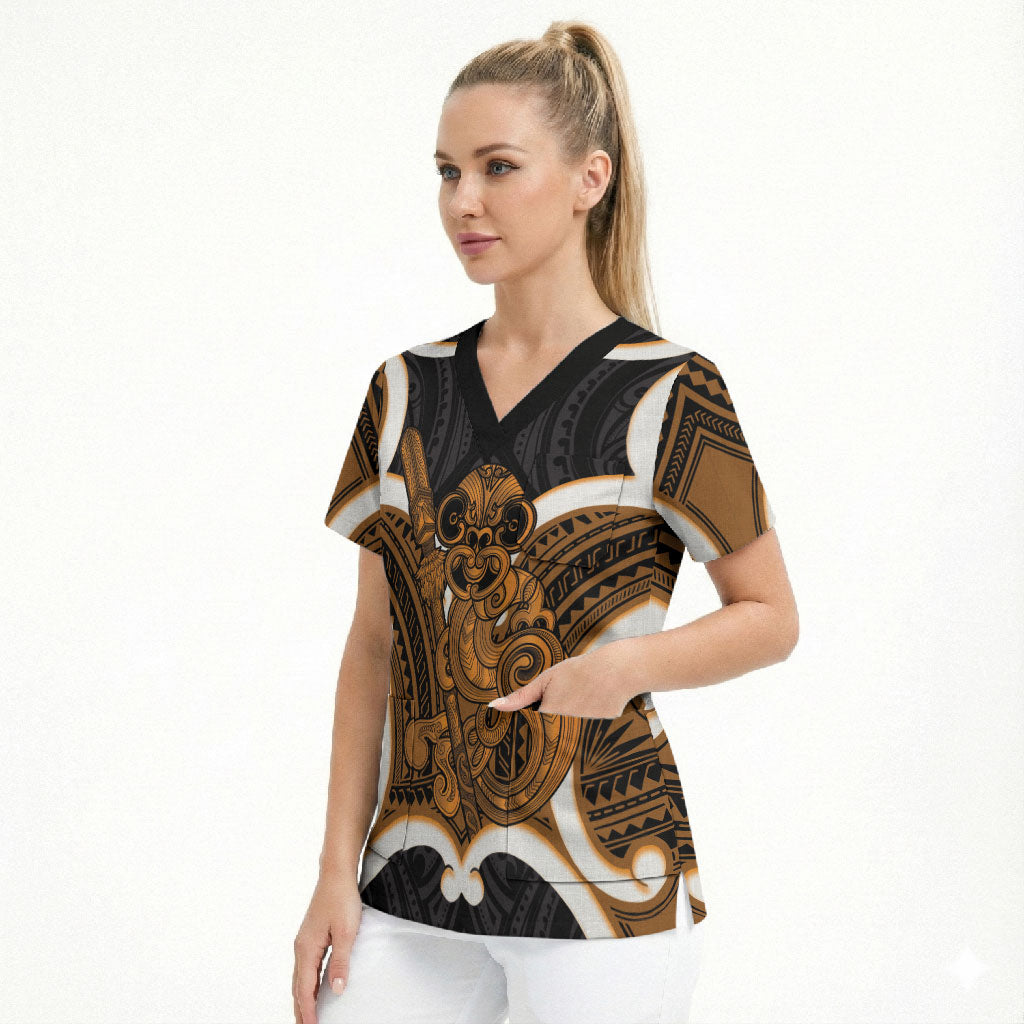 Karaka Aotearoa Atua Tumatauenga Personalised Scrub Top Maori God Of War Tiki With Taiaha LT14 - Polynesian Pride