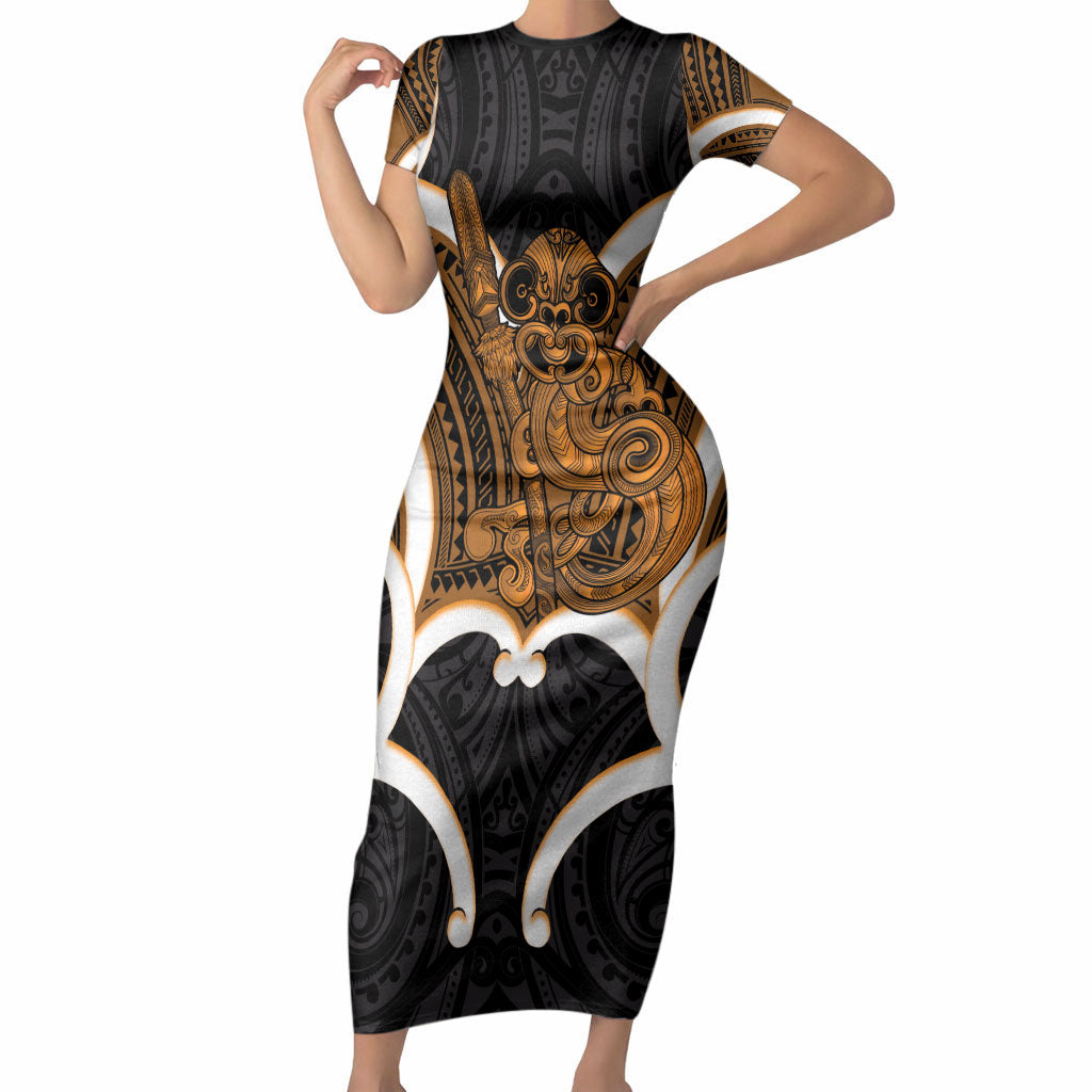 Karaka Aotearoa Atua Tumatauenga Personalised Short Sleeve Bodycon Dress Maori God Of War Tiki With Taiaha LT14 Long Dress Orange - Polynesian Pride