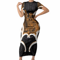 Karaka Aotearoa Atua Tumatauenga Personalised Short Sleeve Bodycon Dress Maori God Of War Tiki With Taiaha LT14 Long Dress Orange - Polynesian Pride