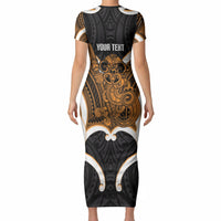 Karaka Aotearoa Atua Tumatauenga Personalised Short Sleeve Bodycon Dress Maori God Of War Tiki With Taiaha LT14 - Polynesian Pride