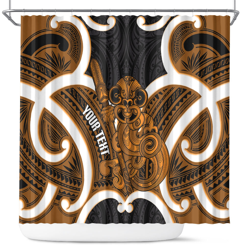 Karaka Aotearoa Atua Tumatauenga Personalised Shower Curtain Maori God Of War Tiki With Taiaha LT14 Orange - Polynesian Pride