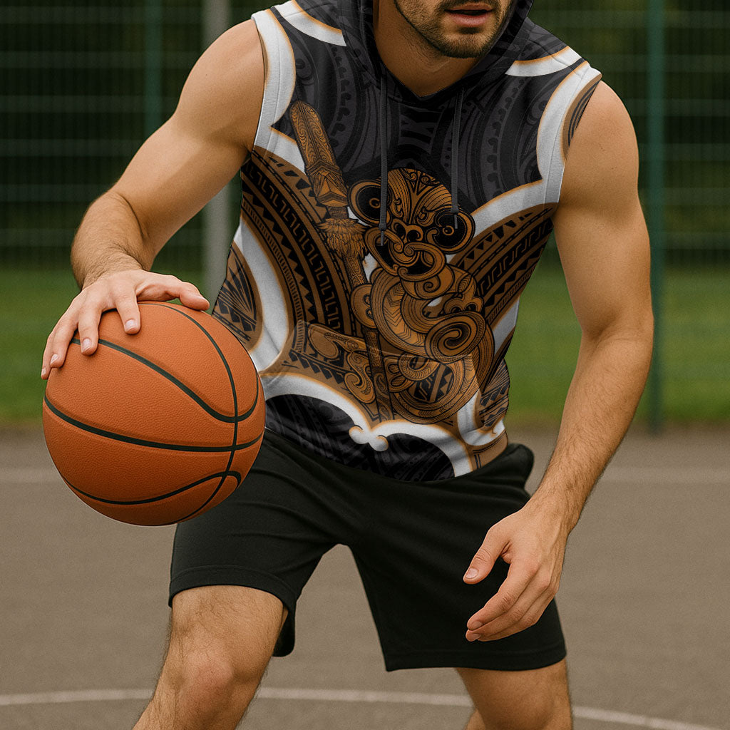 Karaka Aotearoa Atua Tumatauenga Personalised Sleeveless Hoodie Maori God Of War Tiki With Taiaha LT14 - Polynesian Pride