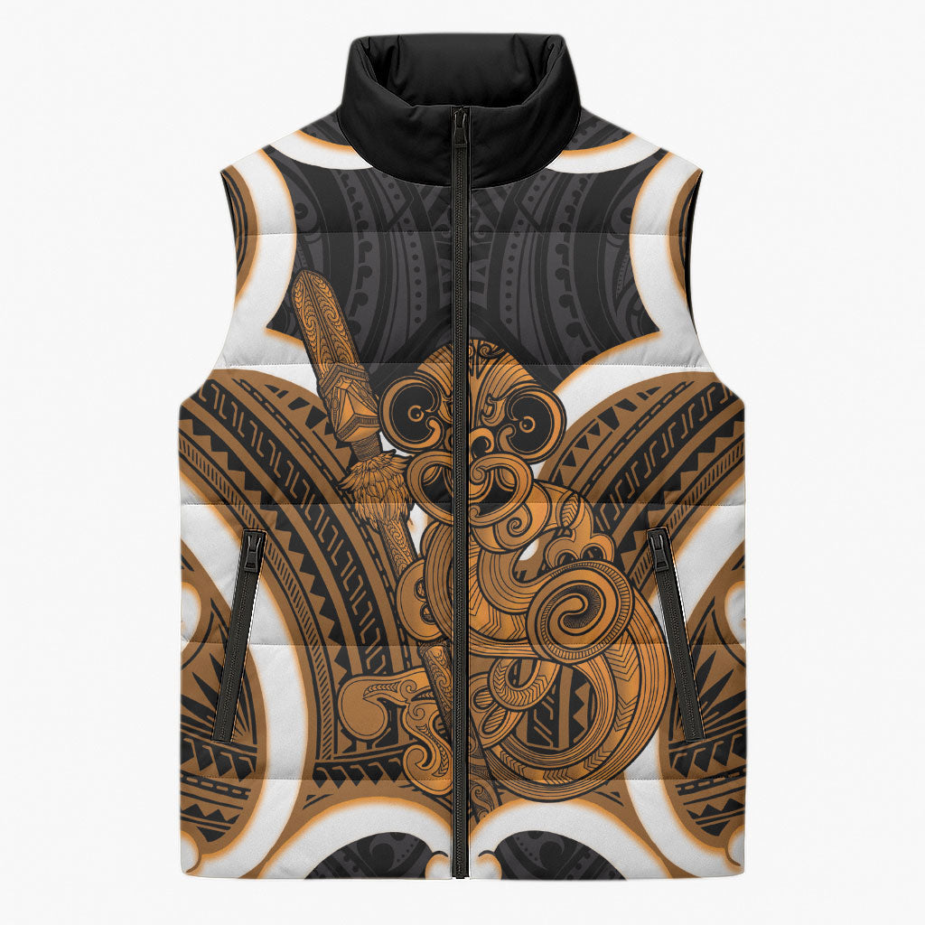 Karaka Aotearoa Atua Tumatauenga Personalised Sleeveless Puffer Jacket Maori God Of War Tiki With Taiaha LT14 Unisex Orange - Polynesian Pride