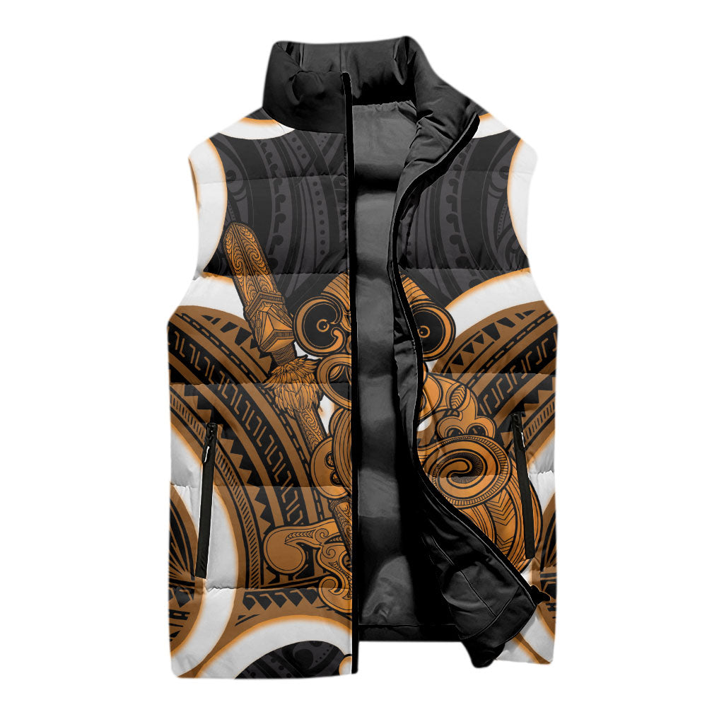 Karaka Aotearoa Atua Tumatauenga Personalised Sleeveless Puffer Jacket Maori God Of War Tiki With Taiaha LT14 - Polynesian Pride