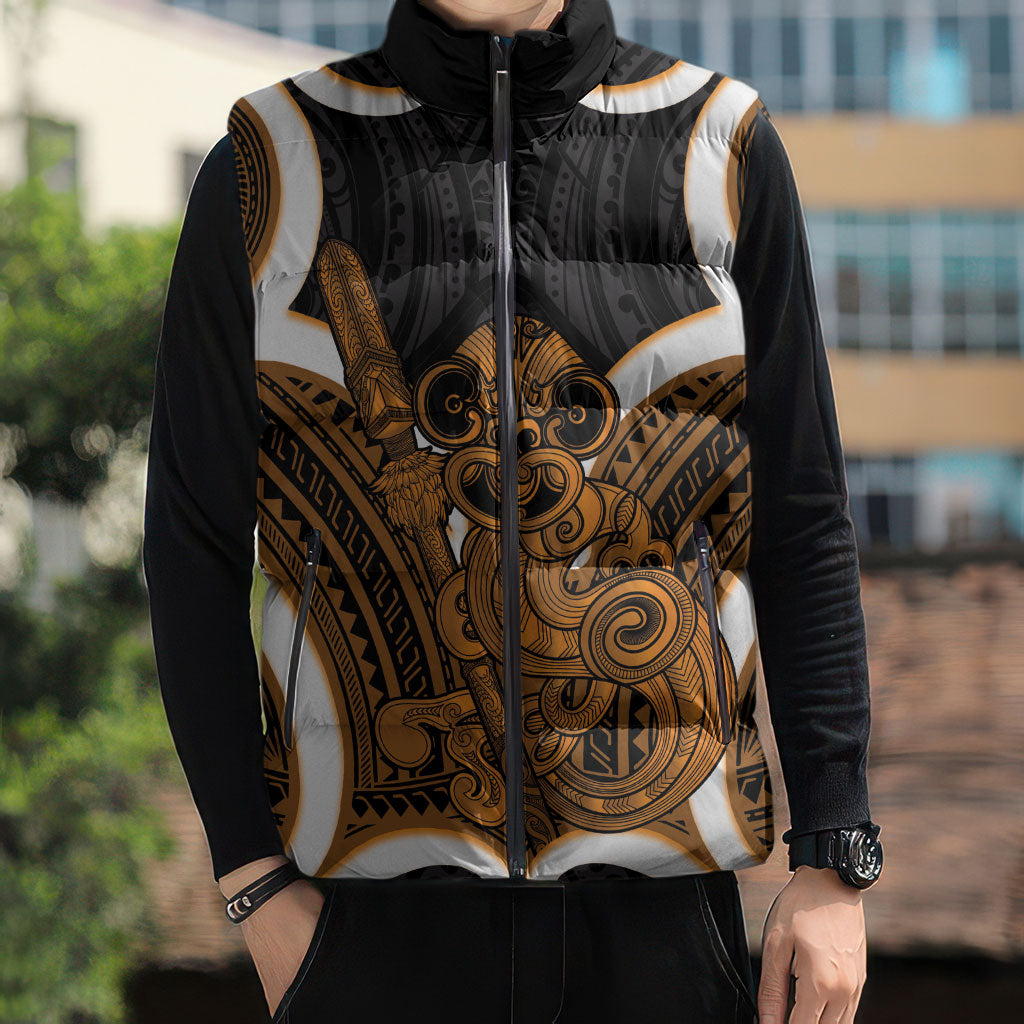 Karaka Aotearoa Atua Tumatauenga Personalised Sleeveless Puffer Jacket Maori God Of War Tiki With Taiaha LT14 - Polynesian Pride