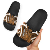 Karaka Aotearoa Atua Tumatauenga Personalised Slide Sandals Maori God Of War Tiki With Taiaha LT14 - Polynesian Pride