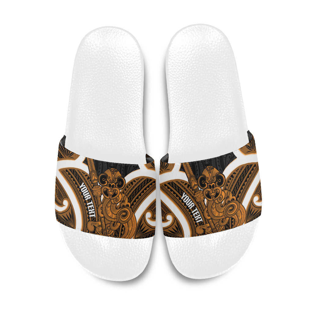 Karaka Aotearoa Atua Tumatauenga Personalised Slide Sandals Maori God Of War Tiki With Taiaha LT14 Orange - Polynesian Pride