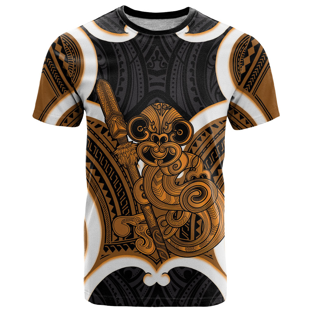 Karaka Aotearoa Atua Tumatauenga Personalised T Shirt Maori God Of War Tiki With Taiaha LT14 Orange - Polynesian Pride