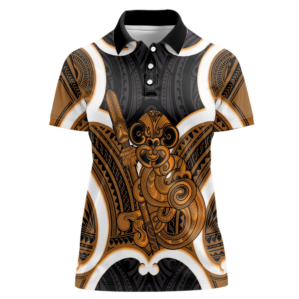 Karaka Aotearoa Atua Tumatauenga Personalised Women Polo Shirt Maori God Of War Tiki With Taiaha LT14 Female Orange - Polynesian Pride