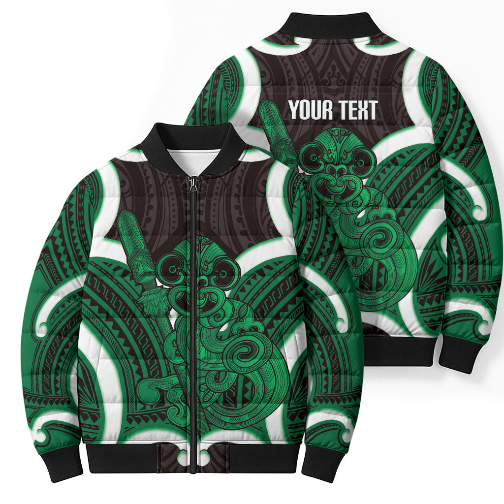 Kakariki Aotearoa Atua Tumatauenga Personalised Bomber Puffer Jacket Maori God Of War Tiki With Taiaha LT14 - Polynesian Pride