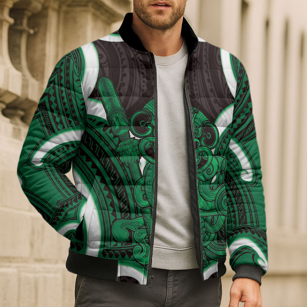 Kakariki Aotearoa Atua Tumatauenga Personalised Bomber Puffer Jacket Maori God Of War Tiki With Taiaha LT14 - Polynesian Pride