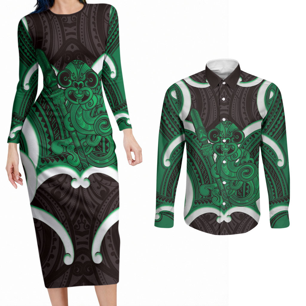 Kakariki Aotearoa Atua Tumatauenga Personalised Couples Matching Long Sleeve Bodycon Dress and Long Sleeve Button Shirt Maori God Of War Tiki With Taiaha LT14 Green - Polynesian Pride