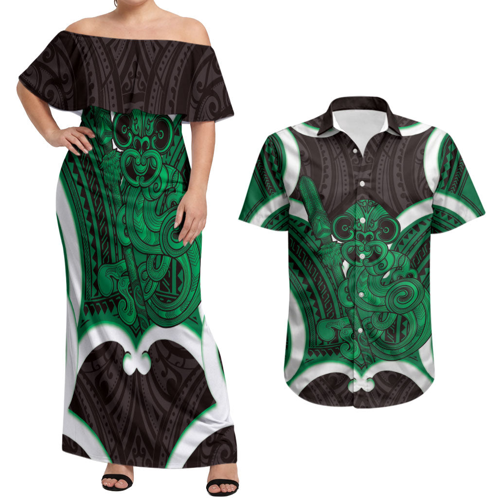 Kakariki Aotearoa Atua Tumatauenga Personalised Couples Matching Off Shoulder Maxi Dress and Hawaiian Shirt Maori God Of War Tiki With Taiaha LT14 Green - Polynesian Pride