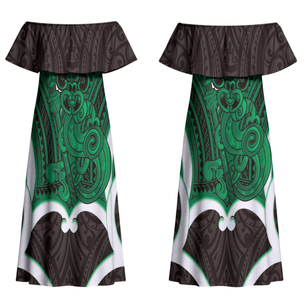 Kakariki Aotearoa Atua Tumatauenga Personalised Couples Matching Off Shoulder Maxi Dress and Hawaiian Shirt Maori God Of War Tiki With Taiaha LT14 - Polynesian Pride