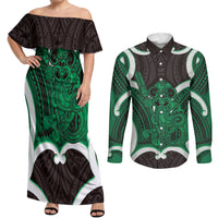 Kakariki Aotearoa Atua Tumatauenga Personalised Couples Matching Off Shoulder Maxi Dress and Long Sleeve Button Shirt Maori God Of War Tiki With Taiaha LT14 Green - Polynesian Pride