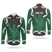 Kakariki Aotearoa Atua Tumatauenga Personalised Couples Matching Off Shoulder Maxi Dress and Long Sleeve Button Shirt Maori God Of War Tiki With Taiaha LT14 - Polynesian Pride