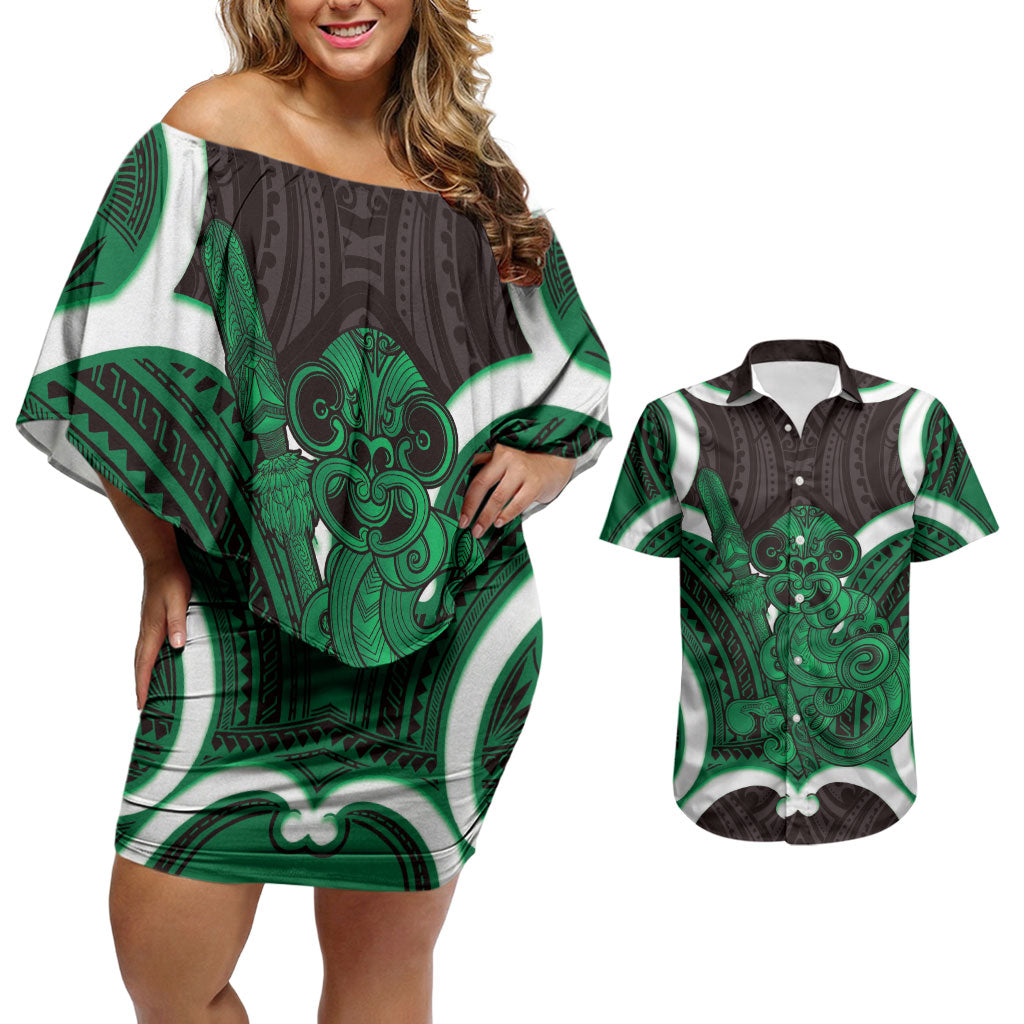 Kakariki Aotearoa Atua Tumatauenga Personalised Couples Matching Off Shoulder Short Dress and Hawaiian Shirt Maori God Of War Tiki With Taiaha LT14 Green - Polynesian Pride
