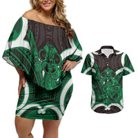 Kakariki Aotearoa Atua Tumatauenga Personalised Couples Matching Off Shoulder Short Dress and Hawaiian Shirt Maori God Of War Tiki With Taiaha LT14 Green - Polynesian Pride