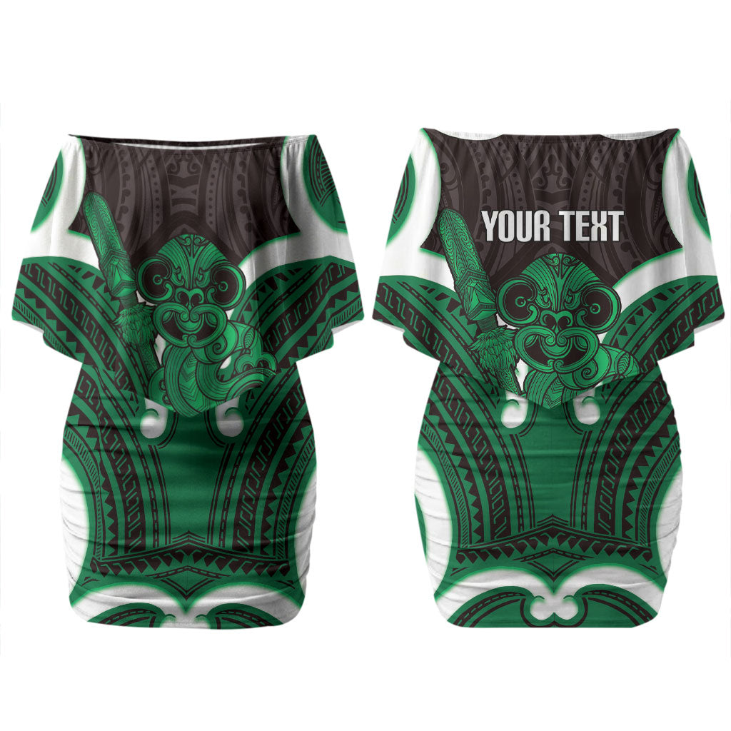 Kakariki Aotearoa Atua Tumatauenga Personalised Couples Matching Off Shoulder Short Dress and Hawaiian Shirt Maori God Of War Tiki With Taiaha LT14 - Polynesian Pride