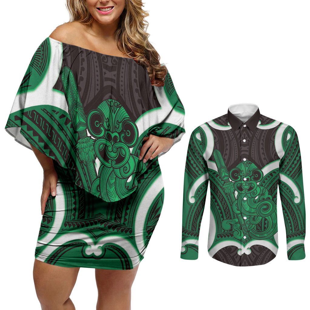 Kakariki Aotearoa Atua Tumatauenga Personalised Couples Matching Off Shoulder Short Dress and Long Sleeve Button Shirt Maori God Of War Tiki With Taiaha LT14 Green - Polynesian Pride