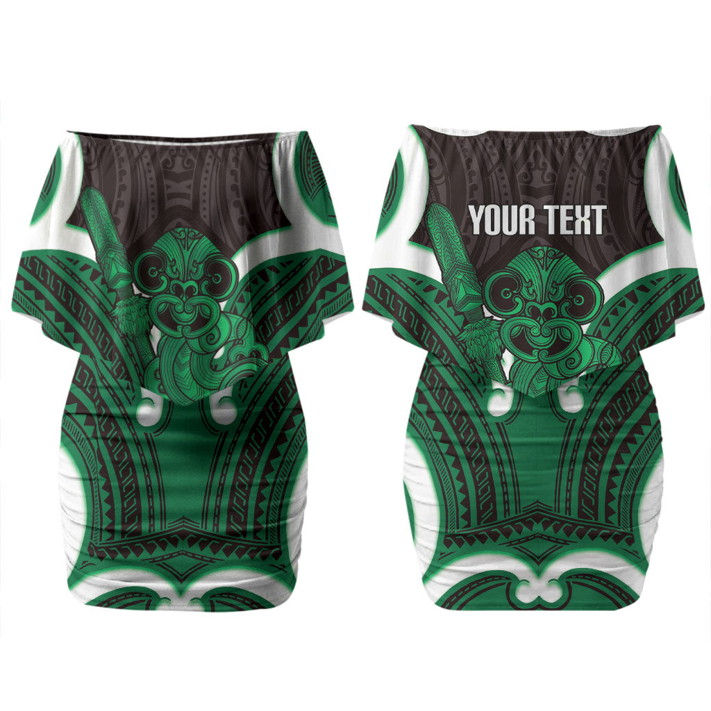 Kakariki Aotearoa Atua Tumatauenga Personalised Couples Matching Off Shoulder Short Dress and Long Sleeve Button Shirt Maori God Of War Tiki With Taiaha LT14 - Polynesian Pride
