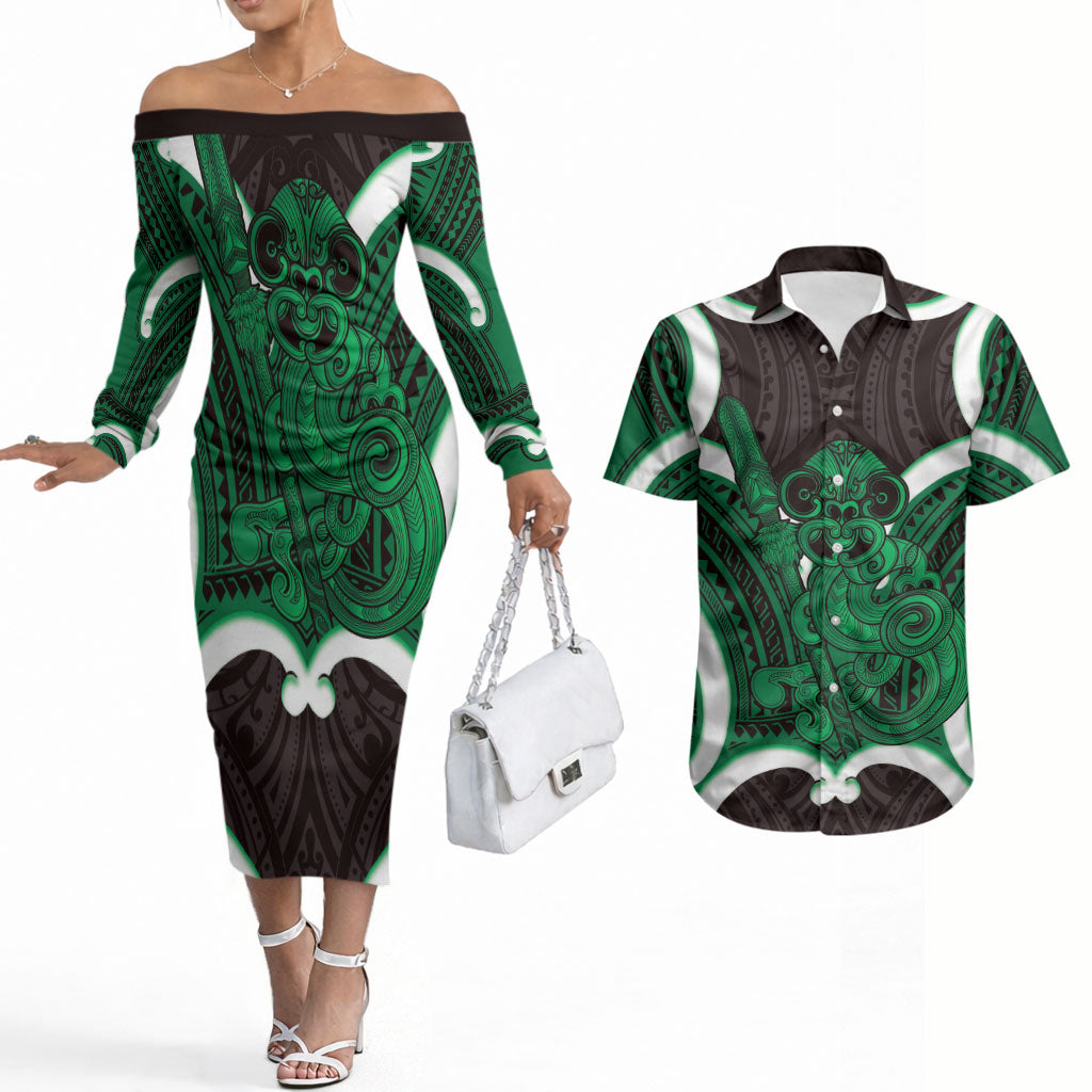 Kakariki Aotearoa Atua Tumatauenga Personalised Couples Matching Off The Shoulder Long Sleeve Dress and Hawaiian Shirt Maori God Of War Tiki With Taiaha LT14 Green - Polynesian Pride