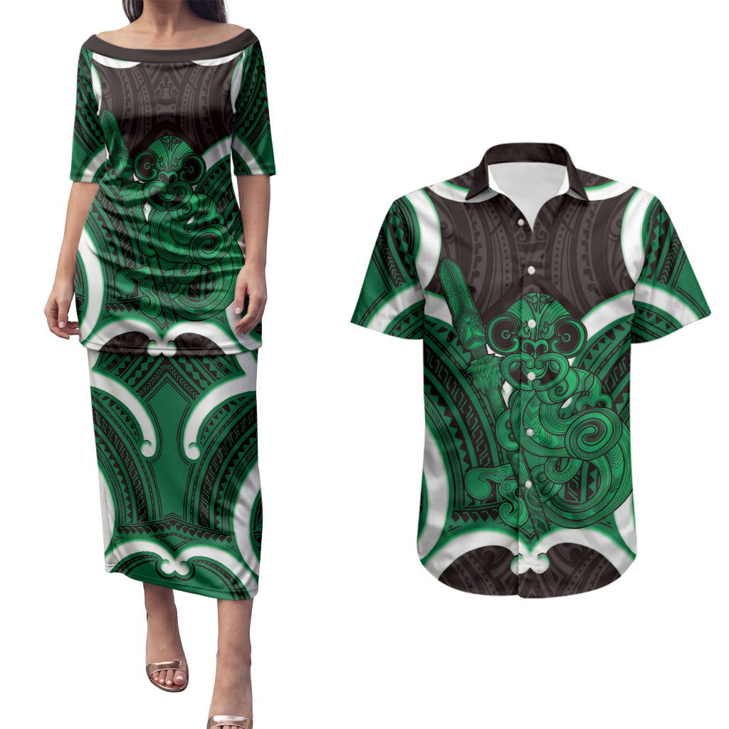 Kakariki Aotearoa Atua Tumatauenga Personalised Couples Matching Puletasi and Hawaiian Shirt Maori God Of War Tiki With Taiaha LT14 Green - Polynesian Pride