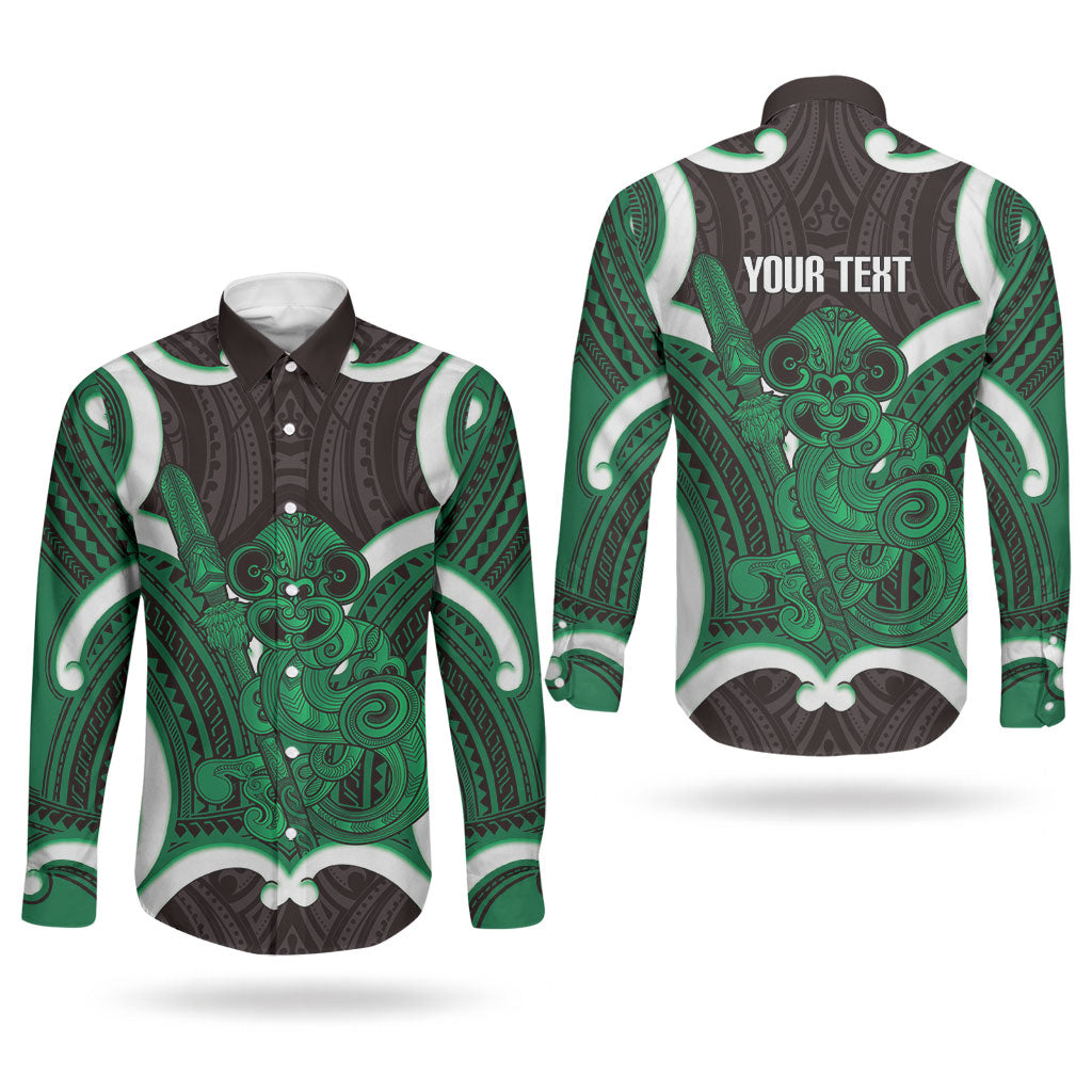 Kakariki Aotearoa Atua Tumatauenga Personalised Couples Matching Puletasi and Long Sleeve Button Shirt Maori God Of War Tiki With Taiaha LT14 - Polynesian Pride