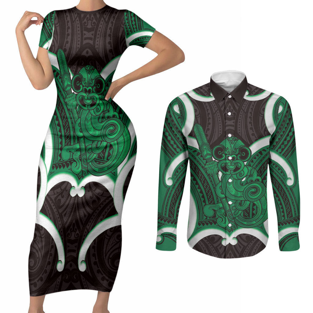 Kakariki Aotearoa Atua Tumatauenga Personalised Couples Matching Short Sleeve Bodycon Dress and Long Sleeve Button Shirt Maori God Of War Tiki With Taiaha LT14 Green - Polynesian Pride