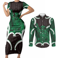 Kakariki Aotearoa Atua Tumatauenga Personalised Couples Matching Short Sleeve Bodycon Dress and Long Sleeve Button Shirt Maori God Of War Tiki With Taiaha LT14 Green - Polynesian Pride