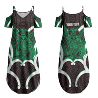 Kakariki Aotearoa Atua Tumatauenga Personalised Couples Matching Summer Maxi Dress and Long Sleeve Button Shirt Maori God Of War Tiki With Taiaha LT14 - Polynesian Pride