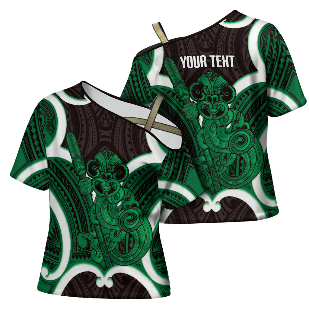 Kakariki Aotearoa Atua Tumatauenga Personalised Cross Shoulder Shirt Maori God Of War Tiki With Taiaha LT14 - Polynesian Pride