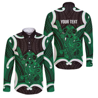 Kakariki Aotearoa Atua Tumatauenga Personalised Family Matching Off Shoulder Maxi Dress and Hawaiian Shirt Maori God Of War Tiki With Taiaha LT14 Dad's Shirt - Long Sleeve Green - Polynesian Pride