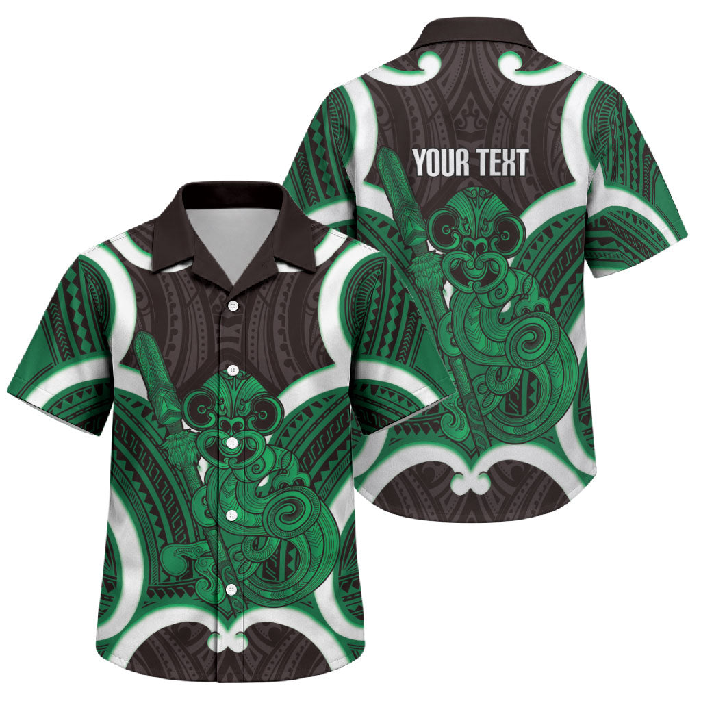 Kakariki Aotearoa Atua Tumatauenga Personalised Family Matching Off Shoulder Maxi Dress and Hawaiian Shirt Maori God Of War Tiki With Taiaha LT14 Son's Shirt Green - Polynesian Pride