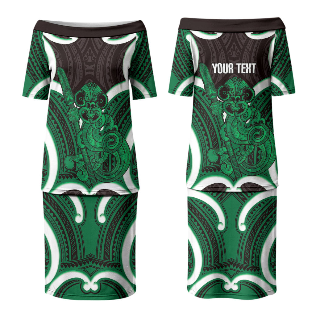 Kakariki Aotearoa Atua Tumatauenga Personalised Family Matching Puletasi and Hawaiian Shirt Maori God Of War Tiki With Taiaha LT14 Mom's Dress Green - Polynesian Pride