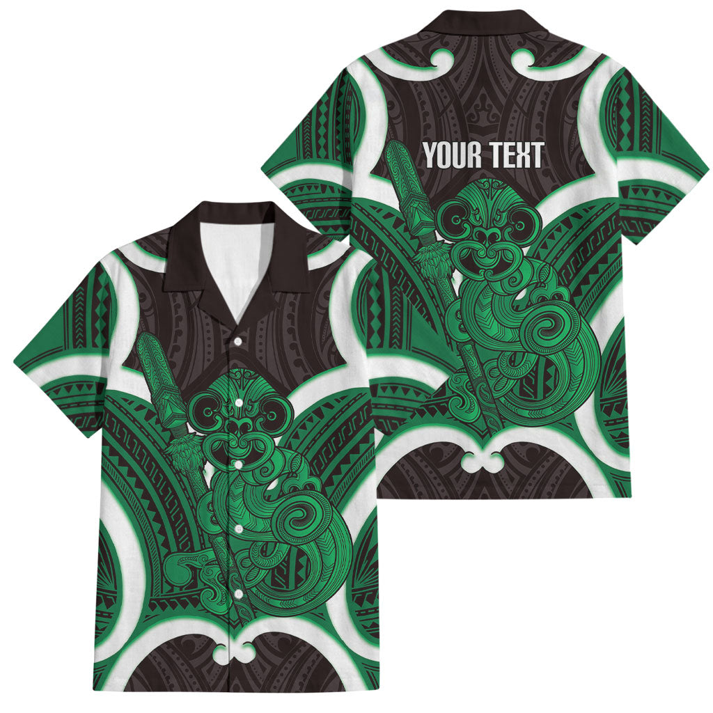 Kakariki Aotearoa Atua Tumatauenga Personalised Family Matching Puletasi and Hawaiian Shirt Maori God Of War Tiki With Taiaha LT14 Dad's Shirt - Short Sleeve Green - Polynesian Pride