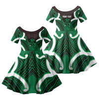 Kakariki Aotearoa Atua Tumatauenga Personalised Family Matching Puletasi and Hawaiian Shirt Maori God Of War Tiki With Taiaha LT14 Daughter's Dress Green - Polynesian Pride