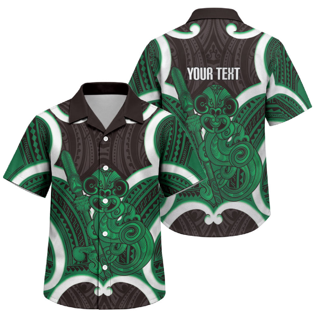 Kakariki Aotearoa Atua Tumatauenga Personalised Family Matching Puletasi and Hawaiian Shirt Maori God Of War Tiki With Taiaha LT14 Son's Shirt Green - Polynesian Pride
