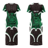 Kakariki Aotearoa Atua Tumatauenga Personalised Family Matching Short Sleeve Bodycon Dress and Hawaiian Shirt Maori God Of War Tiki With Taiaha LT14 Mom's Dress Green - Polynesian Pride