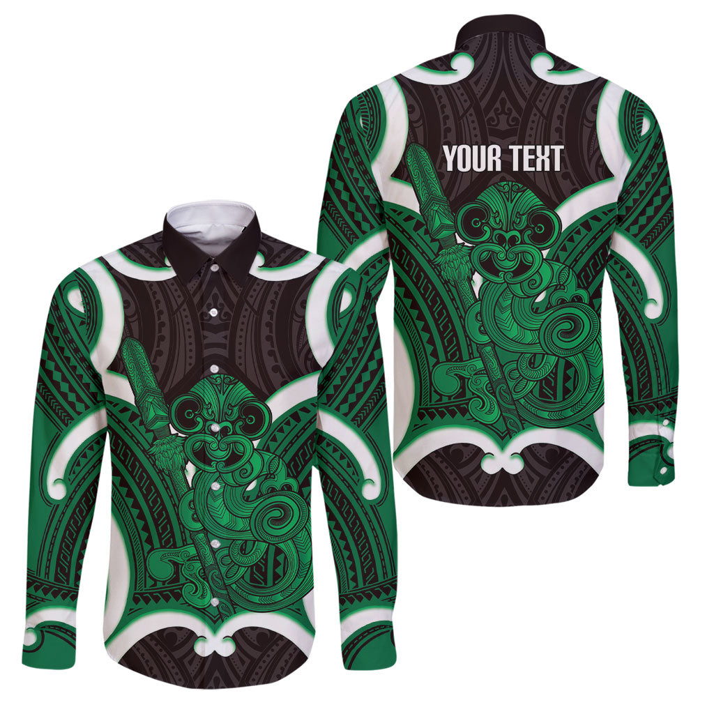 Kakariki Aotearoa Atua Tumatauenga Personalised Family Matching Summer Maxi Dress and Hawaiian Shirt Maori God Of War Tiki With Taiaha LT14 Dad's Shirt - Long Sleeve Green - Polynesian Pride