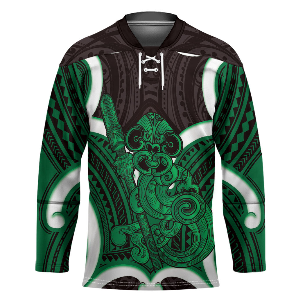 Kakariki Aotearoa Atua Tumatauenga Personalised Hockey Jersey Maori God Of War Tiki With Taiaha LT14 Unisex Green - Polynesian Pride