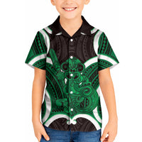 Kakariki Aotearoa Atua Tumatauenga Personalised Kid Hawaiian Shirt Maori God Of War Tiki With Taiaha LT14 Kid Green - Polynesian Pride