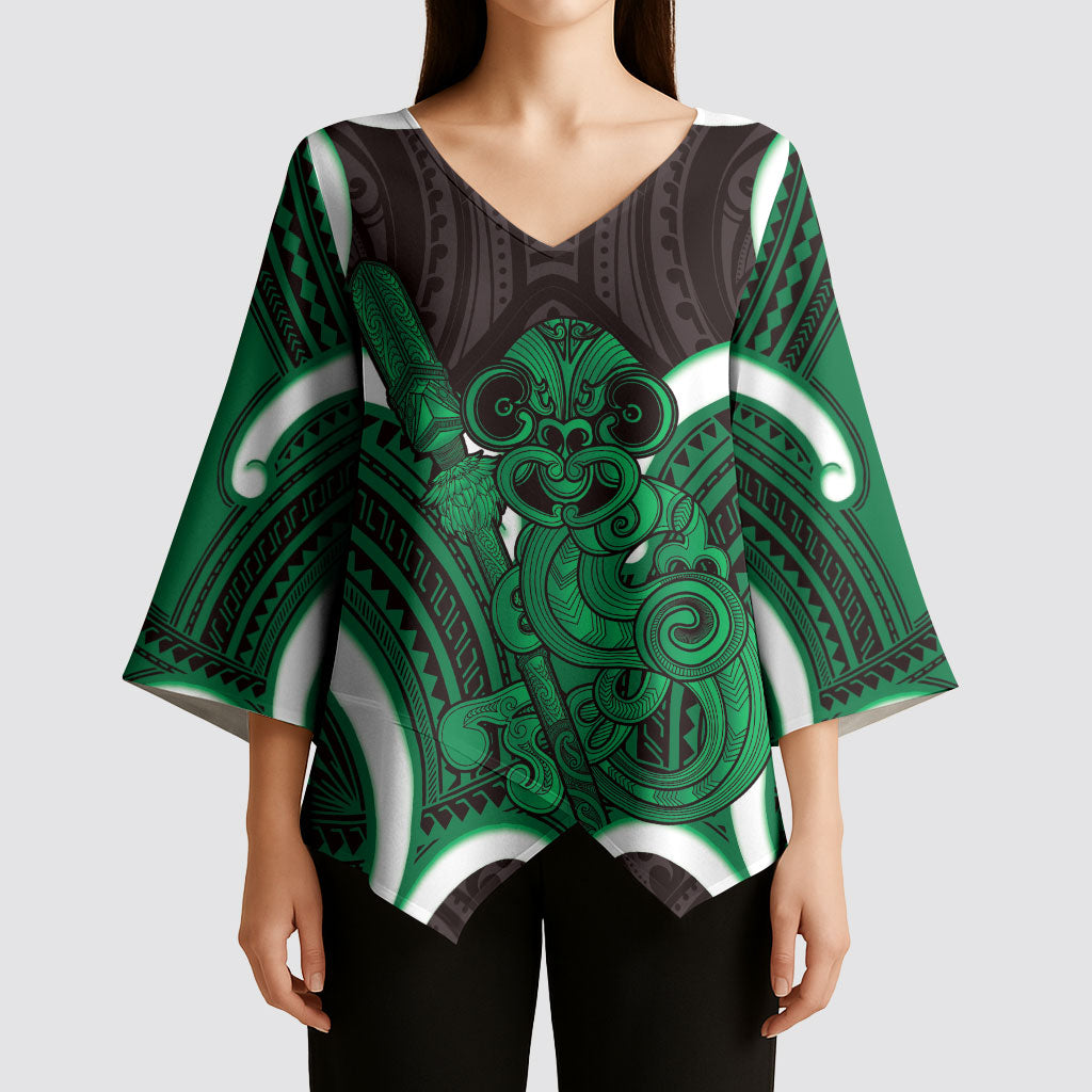 Kakariki Aotearoa Atua Tumatauenga Personalised Kimono Sleeve Blouse Maori God Of War Tiki With Taiaha LT14 - Polynesian Pride