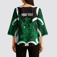 Kakariki Aotearoa Atua Tumatauenga Personalised Kimono Sleeve Blouse Maori God Of War Tiki With Taiaha LT14 - Polynesian Pride