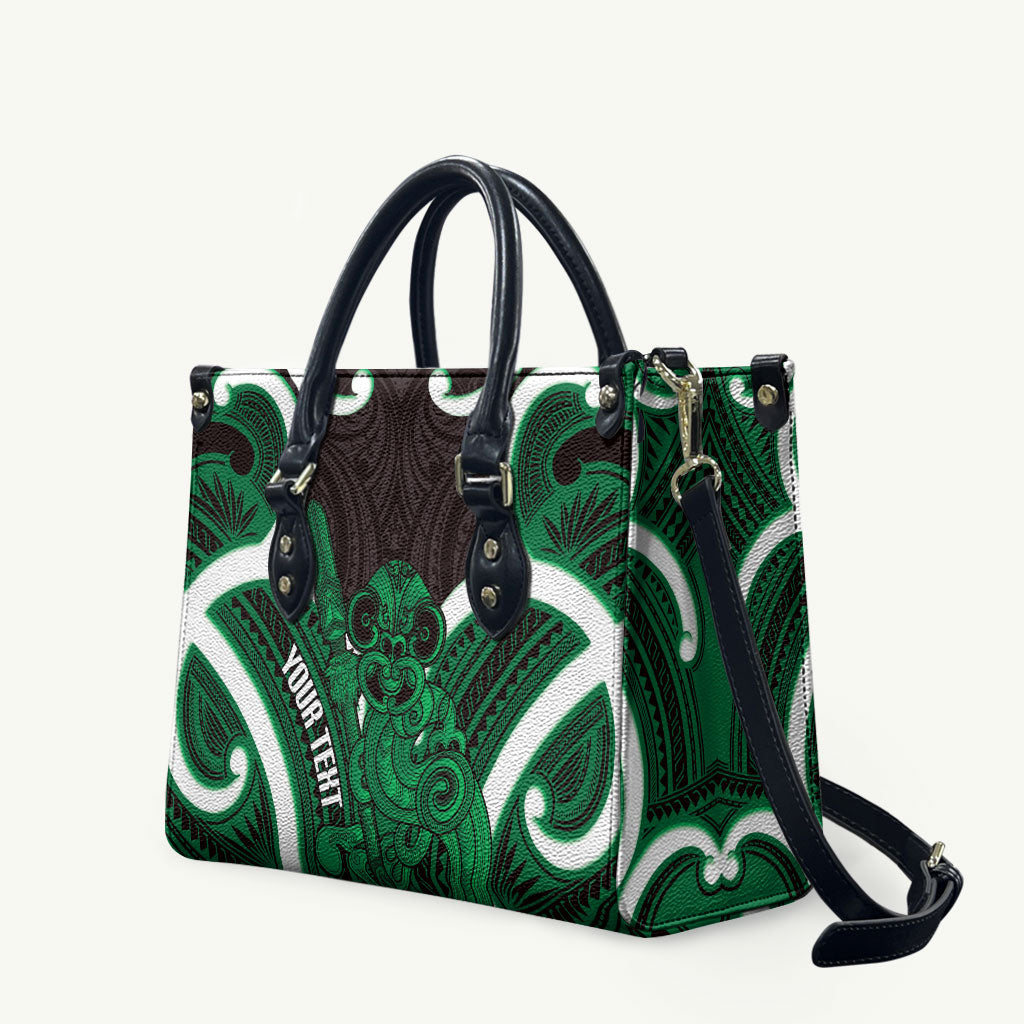Kakariki Aotearoa Atua Tumatauenga Personalised Leather Bag Maori God Of War Tiki With Taiaha LT14 Green - Polynesian Pride