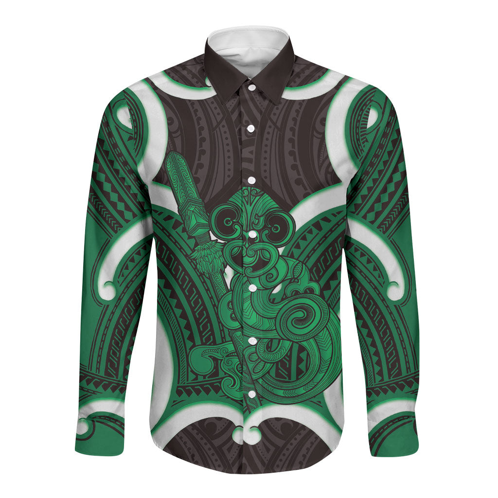Kakariki Aotearoa Atua Tumatauenga Personalised Long Sleeve Button Shirt Maori God Of War Tiki With Taiaha LT14 Unisex Green - Polynesian Pride
