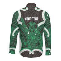 Kakariki Aotearoa Atua Tumatauenga Personalised Long Sleeve Button Shirt Maori God Of War Tiki With Taiaha LT14 - Polynesian Pride