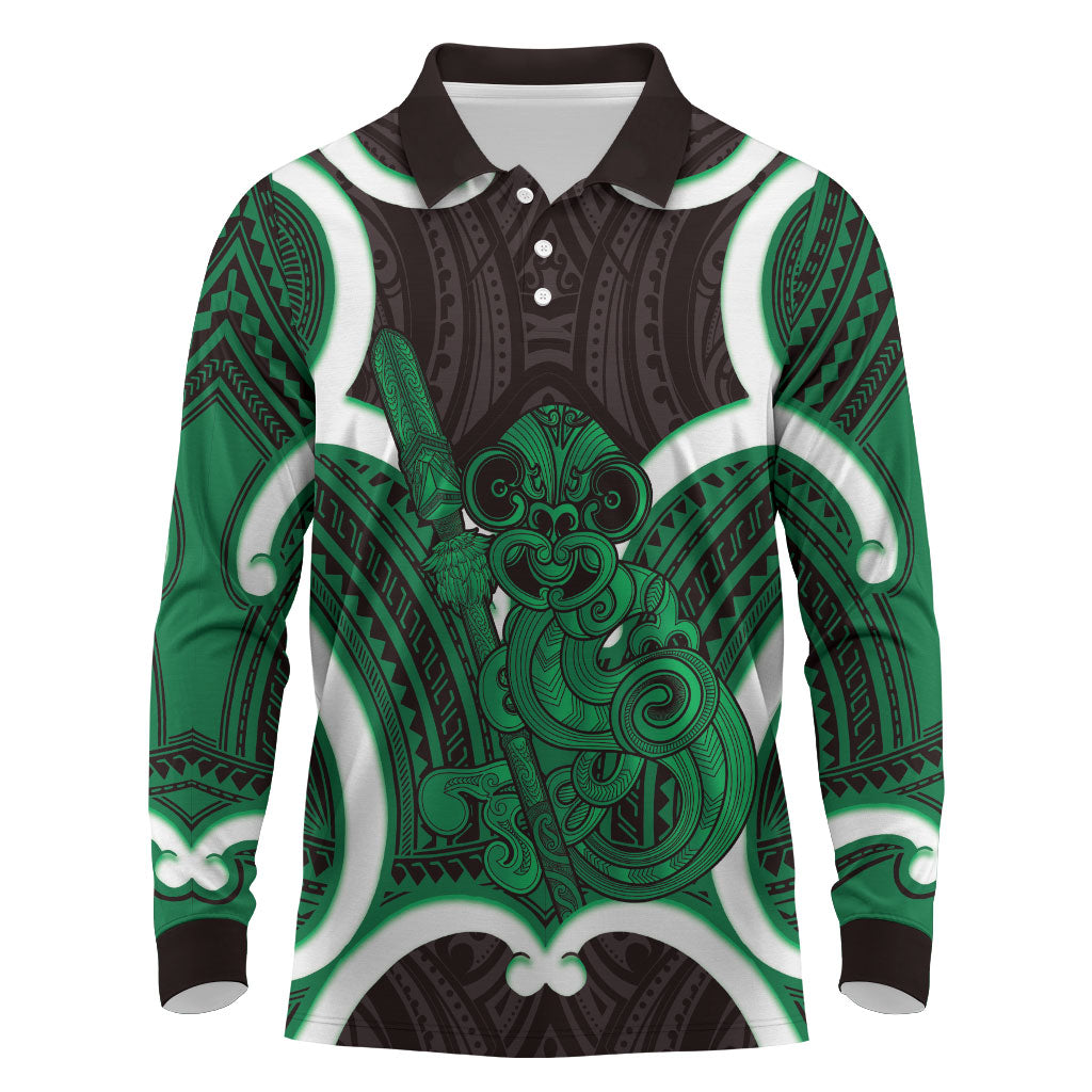 Kakariki Aotearoa Atua Tumatauenga Personalised Long Sleeve Polo Shirt Maori God Of War Tiki With Taiaha LT14 Green - Polynesian Pride